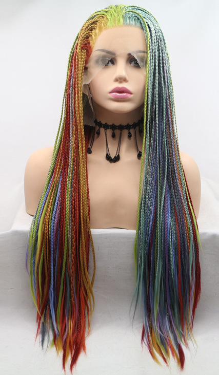  Front lace rainbow braid straight wig multicolored - Super X Studio